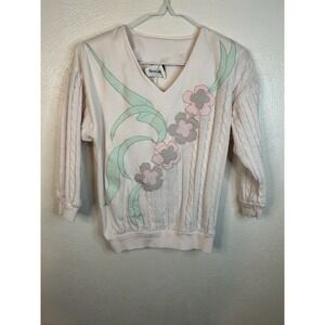 Vtg 80s Pierre Lamonte Pastel Floral Appliqué Sweater Cable Knit Pink/Mint M/L